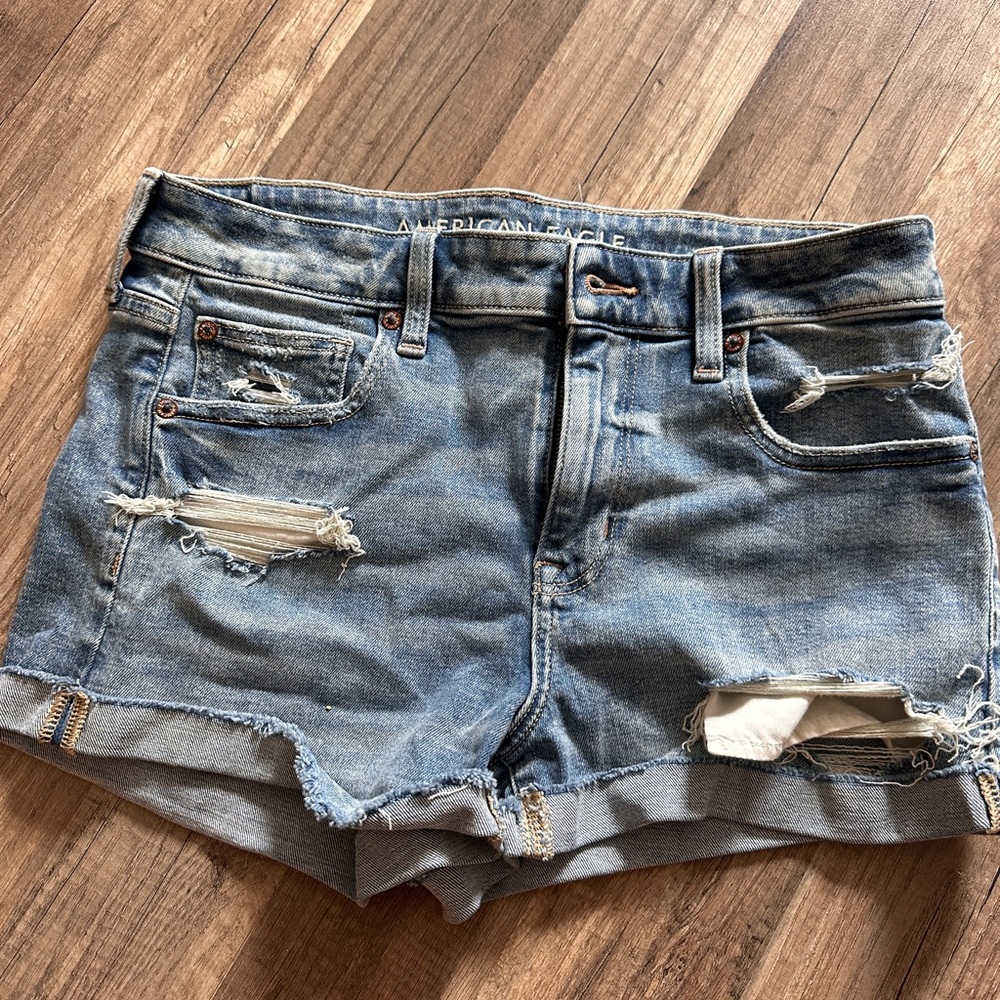 American Eagle Outfitters Blue Jean Shorts with Distressed Details